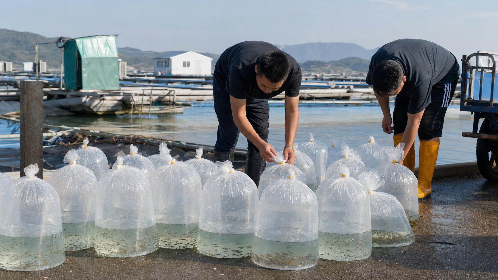 运输到场后的海水鱼苗袋整齐摆放在塘边等待检查