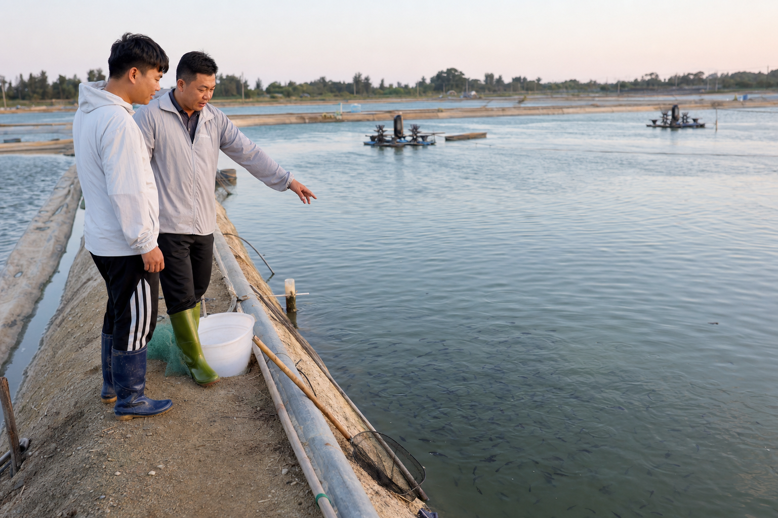 新手养殖户在塘口观察投放后的海水鱼苗分布