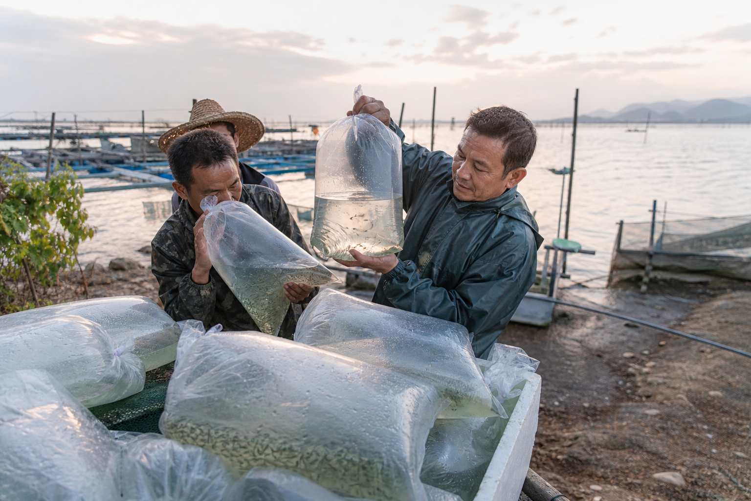 养殖人员在塘边检查刚到货海水鱼苗袋的状态