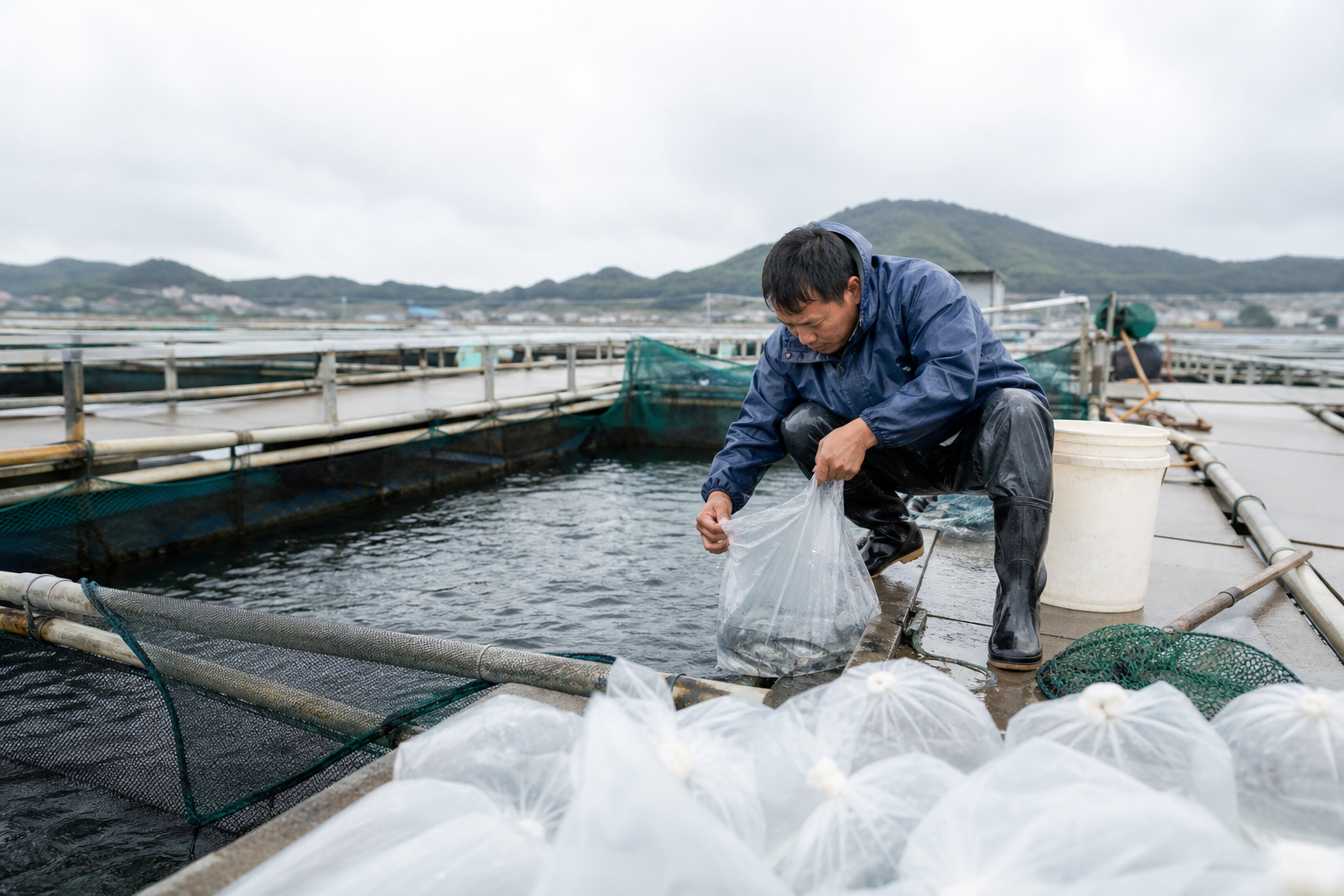 海水养殖池在不同天气下的放苗准备场景