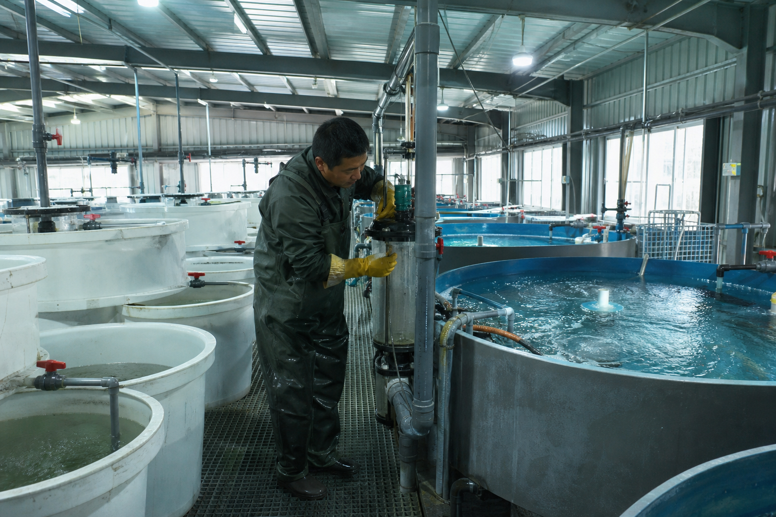 水产基地内工作人员查看鱼卵与鱼苗培育区域