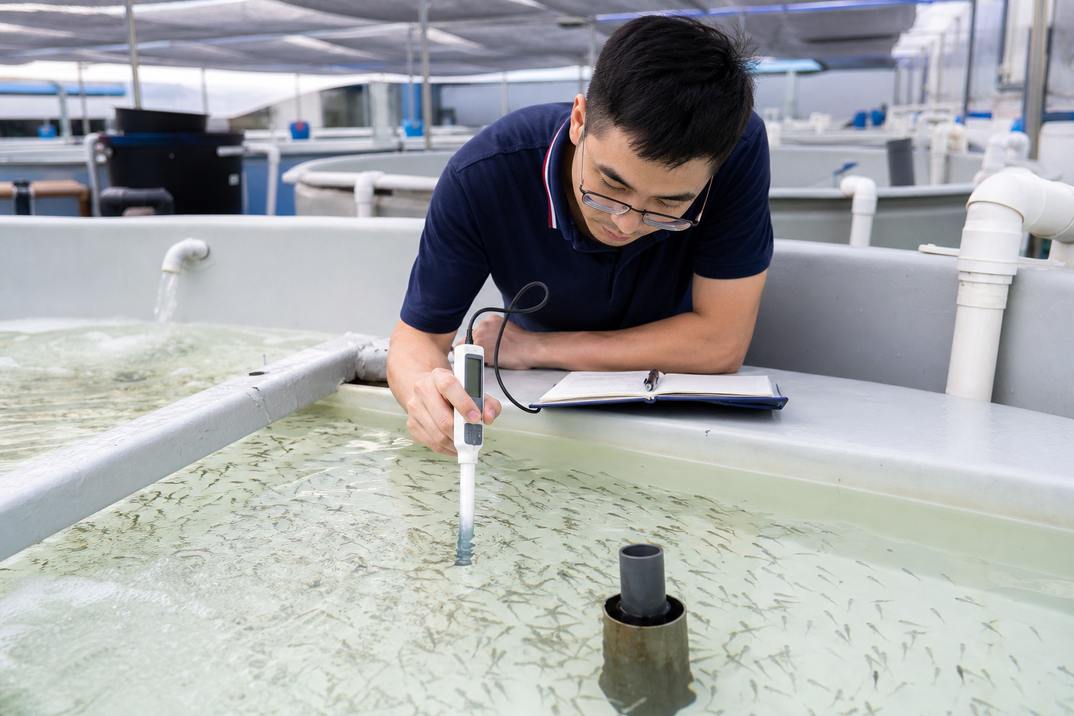 技术人员在缓苗区检测海水鱼苗适应状态