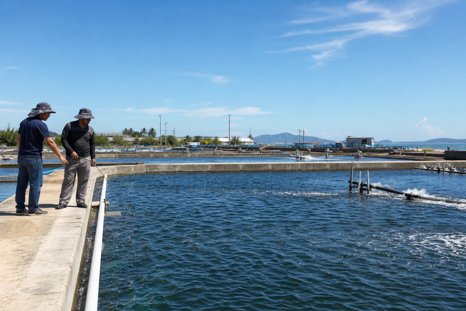 夏季海水养殖池在阳光下保持稳定管理的场景