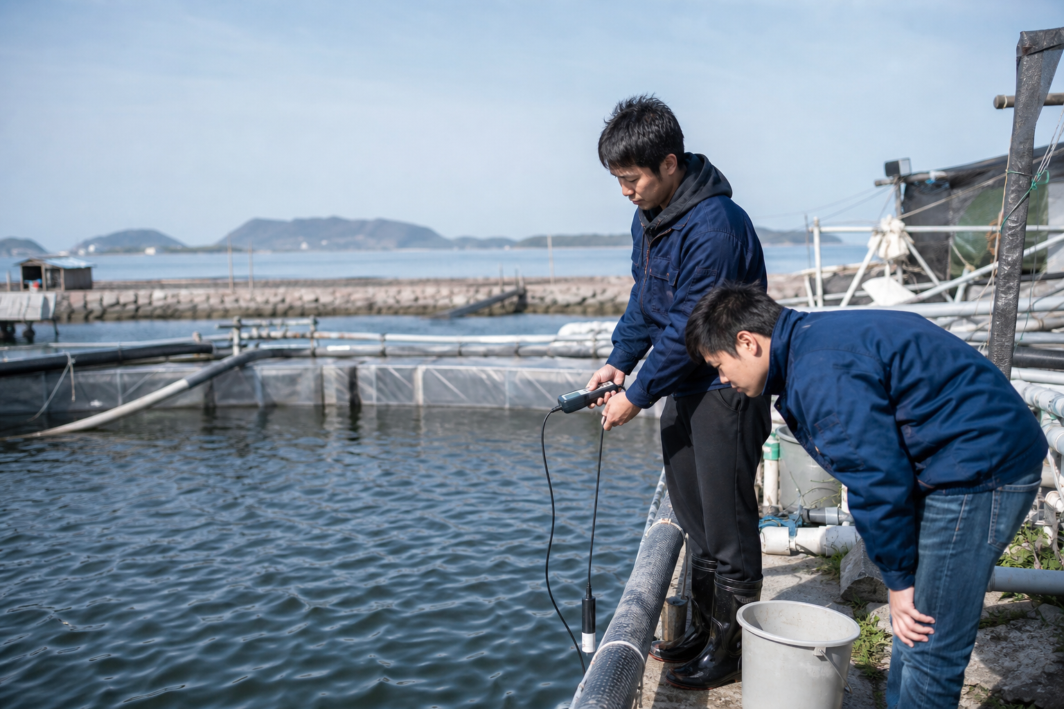 技术人员在海水养殖池边检测水质变化