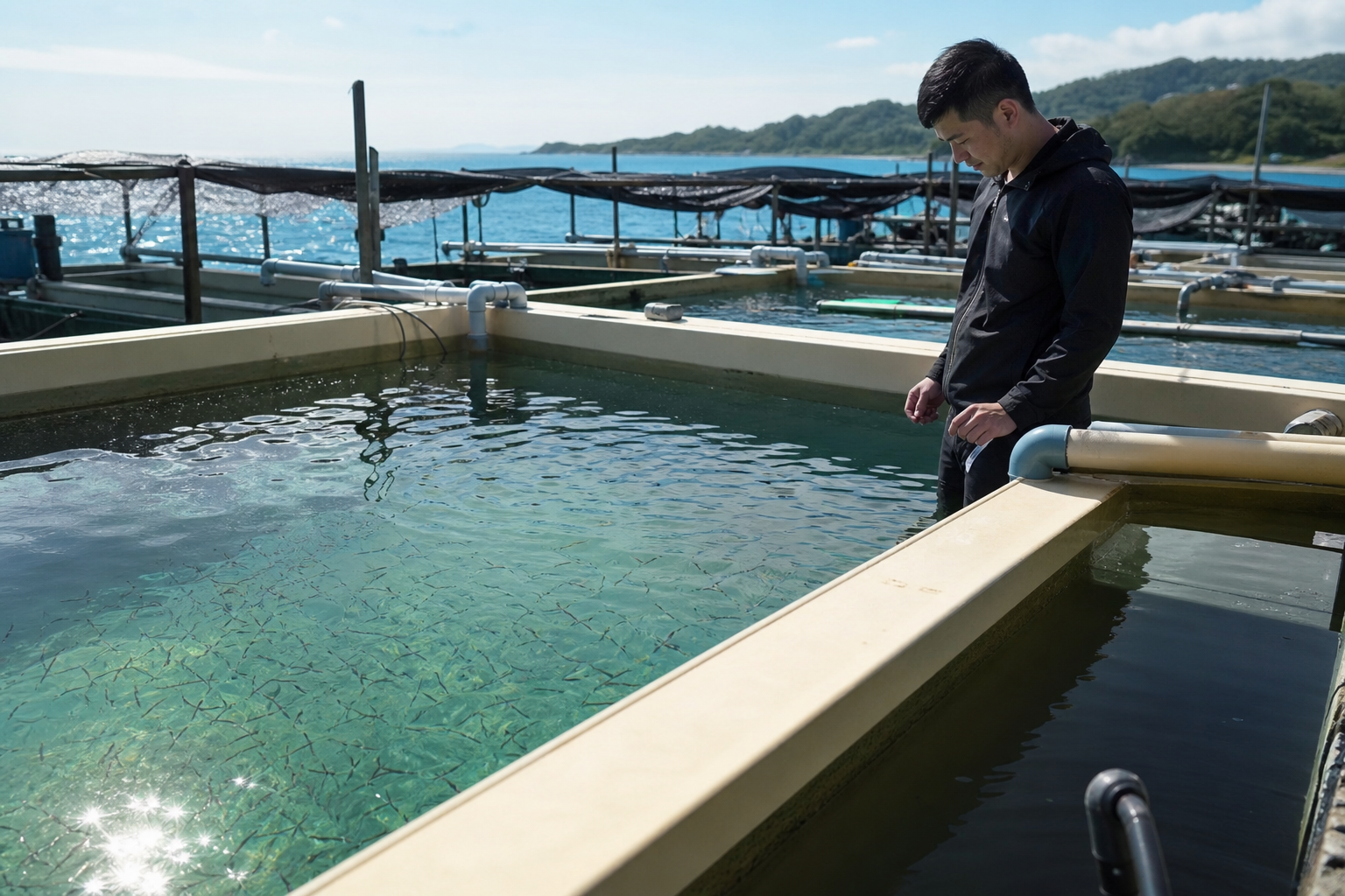 海水养殖池边工作人员观察黄鳍雕鱼苗状态